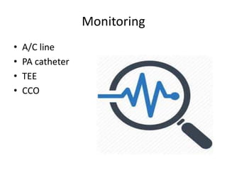 Monitoring
• A/C line
• PA catheter
• TEE
• CCO
 