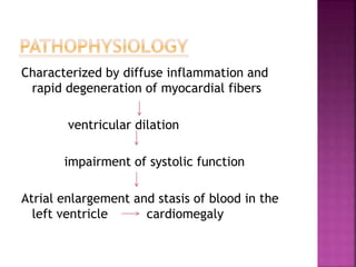 Characterized by diffuse inflammation and
rapid degeneration of myocardial fibers
ventricular dilation
impairment of systolic function
Atrial enlargement and stasis of blood in the
left ventricle cardiomegaly
 