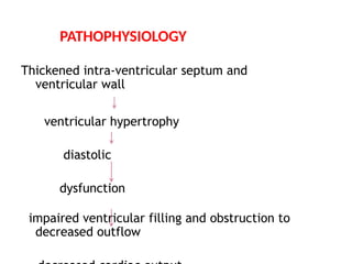 Thickened intra-ventricular septum and
ventricular wall
ventricular hypertrophy
diastolic
dysfunction
impaired ventricular filling and obstruction to
decreased outflow
PATHOPHYSIOLOGY
 
