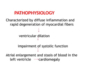 Characterized by diffuse inflammation and
rapid degeneration of myocardial fibers
ventricular dilation
impairment of systolic function
Atrial enlargement and stasis of blood in the
left ventricle cardiomegaly
PATHOPHYSIOLOGY
 