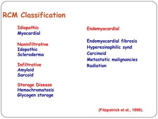 Idiopathic
Myocardial
Noninfiltrative
Idopathic
Scleroderma
Infiltrative
Amyloid
Sarcoid
Storage Disease
Hemochromatosis
Glycogen storage
RCM Classification
Endomyocardial
Endomyocardial fibrosis
Hyperesinophilic synd
Carcinoid
Metastatic malignancies
Radiation
(Fitzpatrick et al., 1990).
 