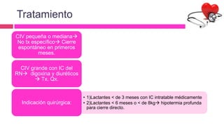 CIV pequeña o mediana
No tx específico Cierre
espontáneo en primeros
meses.
CIV grande con IC del
RN digoxina y diuréticos
 Tx. Qx.
• 1)Lactantes < de 3 meses con IC intratable médicamente
• 2)Lactantes < 6 meses o < de 8kg hipotermia profunda
para cierre directo.
Indicación quirúrgica:
Tratamiento
 