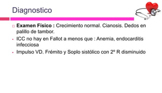 Diagnostico
 Examen Físico : Crecimiento normal. Cianosis. Dedos en
palillo de tambor.
 ICC no hay en Fallot a menos que : Anemia, endocarditis
infecciosa
 Impulso VD. Frémito y Soplo sistólico con 2º R disminuido
 