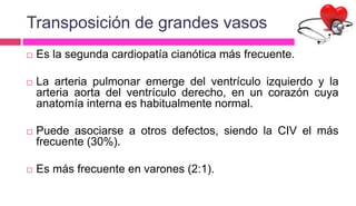 Transposición de grandes vasos
 Es la segunda cardiopatía cianótica más frecuente.
 La arteria pulmonar emerge del ventrículo izquierdo y la
arteria aorta del ventrículo derecho, en un corazón cuya
anatomía interna es habitualmente normal.
 Puede asociarse a otros defectos, siendo la CIV el más
frecuente (30%).
 Es más frecuente en varones (2:1).
 