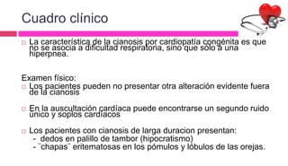 Cuadro clínico
 La característica de la cianosis por cardiopatía congénita es que
no se asocia a dificultad respiratoria, sino que sólo a una
hiperpnea.
Examen físico:
 Los pacientes pueden no presentar otra alteración evidente fuera
de la cianosis
 En la auscultación cardíaca puede encontrarse un segundo ruido
único y soplos cardíacos
 Los pacientes con cianosis de larga duracion presentan:
- dedos en palillo de tambor (hipocratismo)
- ¨chapas¨ eritematosas en los pómulos y lóbulos de las orejas.
 