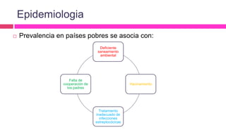  Prevalencia en países pobres se asocia con:
Deficiente
saneamiento
ambiental
Hacinamiento
Tratamiento
inadecuado de
infecciones
estreptocócicas
Falta de
cooperación de
los padres
Epidemiologia
 