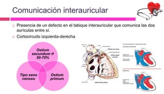Comunicación interauricular
 Presencia de un defecto en el tabique interauricular que comunica las dos
aurículas entre sí.
 Cortocircuito izquierda-derecha
Ostium
secundum
50-70%
Ostium
primum
Tipo seno
venoso
 