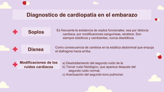 Diagnostico de cardiopatía en el embarazo
Como consecuencia de cambios en la estática abdominal que empuja
el diafragma hacia arriba.
Disnea
a) Desdoblamiento del segundo ruido de la
b) Tercer ruido fisiológico, que aparece después del
segundo ruido normal.
c) Acentuación del segundo tono pulmonar.
Modificaciones de los
ruidos cardíacos
Es frecuente la existencia de soplos funcionales, sea por distocia
cardíaca, por modificaciones sanguíneas, etcétera. Son
siempre sistólicos y cambiantes, nunca diastólicos.
Soplos
 