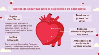 Signos de seguridad para el diagnostico de cardiopatìa
Soplos
diastólicos
Corresponden a una lesión
valvular. Los de la punta, a una
estenosis mitral, y los de la
base, a una insuficiencia aórtica
o de la pulmonar.
Soplos
sistólicos
Por lo general, funcionales. Para que
puedan considerarse patológicos deben
acompañarse de estremecimientos (thrill).
Trastornos
graves del
ritmo
Imágenes
electrocardiográficas
anormales
Antecedentes de
insuficiencia
cardiaca anterior
 