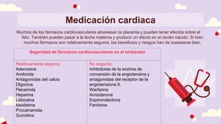 Muchos de los fármacos cardiovasculares atraviesan la placenta y pueden tener efectos sobre el
feto. También pueden pasar a la leche materna y producir un efecto en el recién nacido. Si bien
muchos fármacos son relativamente seguros, los beneficios y riesgos han de sopesarse bien.
Medicación cardíaca
Medicación cardiaca
Seguridad de fármacos cardiovasculares en el embarazo
Relativamente seguros:
Adenosina
Amilorida
Antagonistas del calcio
DIgocina
Flecainida
Heparina
Lidocaina
Mexiletina
Procainamida
Guinidina
No seguros:
Inhibidores de la enzima de
conversión de la angiotensina y
antagonistas del receptor de la
angiotensiona II.
Warfarina
Amiodarona
Espironolactona
Fenitoina
 