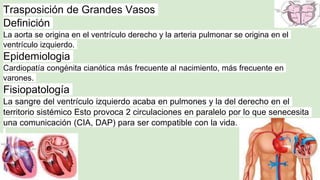 Trasposición de Grandes Vasos
Definición
La aorta se origina en el ventrículo derecho y la arteria pulmonar se origina en el
ventrículo izquierdo.
Epidemiologia
Cardiopatía congénita cianótica más frecuente al nacimiento, más frecuente en
varones.
Fisiopatología
La sangre del ventrículo izquierdo acaba en pulmones y la del derecho en el
territorio sistémico Esto provoca 2 circulaciones en paralelo por lo que senecesita
una comunicación (CIA, DAP) para ser compatible con la vida.
 