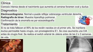 Clínica
Cianosis intensa desde el nacimiento que aumenta al cerrarse foramen oval y ductus
Diagnostico
Electrocardiograma: Normal o puede reflejar sobrecarga ventricular derecha.
Radiografía de tórax: Muestra hiperaflujo pulmonar.
Confirmación de la anomalía es por ecocardiografía
Tratamiento
Si no se trata fallecen el 90% de los recién nacidos en el primer año. Se mantiene
ductus permeable hasta cirugía, con prostaglandina E1. Se crea oaumenta una CIA
antes de cirugía final. Se realiza el switch arterial de Jatene antes de las 2 o 3 semanas
de vida.
 