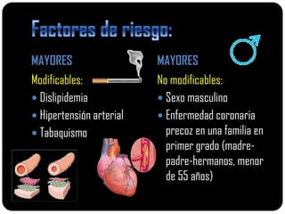 MAYORES                   MAYORES
Modificables:             No modificables:
 Dislipidemia             Sexo masculino
 Hipertensión arterial    Enfermedad coronaria
 Tabaquismo                precoz en una familia en
                            primer grado (madre-
                            padre-hermanos, menor
                            de 55 años)
 