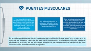 Los troncos coronarios
subepicárdicos al penetrar en el
seno del miocardio pueden ser
comprimidos transitoriamente
durante la sístole y reducir su
flujo sanguíneo
considerablemente.
En algunas ocasiones, la
reducción del calibre es tan
importante que se produce
isquemia miocárdica.
Debe tenerse en cuenta que el
flujo coronario es máximo
durante la diástole, por lo que al
parecer, en condiciones
normales este mecanismo no es
causa de isquemia miocárdica
significativa.-
En aquellos pacientes que tienen importante compresión sistólica de algún tronco coronario, la
aparición de isquemia después del ejercicio o aumentando la frecuencia cardíaca mediante
estimulación auricular, se les encuentra aumento en la concentración de lactato en el seno
coronario como manifestación de la isquemia.
Guadalajara, J. (2012). Cardiología. México,
D.F.: Méndez Editores.
 