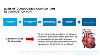 EL INFARTO AGUDO DE MIOCARDIO (IAM)
SE DIAGNOSTICA POR:
Características
Clínicas
Electrocardiograma
(ECG)
Biomarcadores de
necrosis miocárdica
Estudios por
imágenes
Anatomía patológica
El término ‘infarto
de miocardio’
Es un indicador de uno de los principales
problemas sanitarios en todo el mundo, así
como un parámetro de valoración en
estudios clínicos, estudios de observación
y programas de garantía de la calidad.
Thygesen Kristian, Third Universal Definition of Myocardial Infraction, Journal of American College of Cardiology, European
Society of Cardiology, American College of Cardiology Foundation, American Heart Association, Inc., and the World Heart
Federation, volumen 60, No. 16, 2012
 