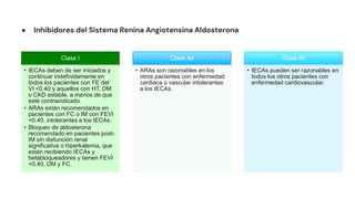 ● Inhibidores del Sistema Renina Angiotensina Aldosterona
Clase I
• IECAs deben de ser iniciados y
continuar indefinidamente en
todos los pacientes con FE del
VI <0.40 y aquellos con HT, DM
o CKD estable, a menos de que
esté contraindicado.
• ARAs están recomendados en
pacientes con FC o IM con FEVI
<0.40, intolerantes a los IECAs.
• Bloqueo de aldosterona
recomendado en pacientes post-
IM sin disfunción renal
significativa o hiperkalemia, que
están recibiendo IECAs y
betabloqueadores y tienen FEVI
<0.40, DM y FC.
Clase IIa
• ARAs son razonables en los
otros pacientes con enfermedad
cardiaca o vascular intolerantes
a los IECAs.
Clase IIb
• IECAs pueden ser razonables en
todos los otros pacientes con
enfermedad cardiovascular.
 