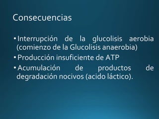 Consecuencias
•Interrupción de la glucolisis aerobia
(comienzo de la Glucolisis anaerobia)
•Producción insuficiente de ATP
•Acumulación de productos de
degradación nocivos (acido láctico).
 