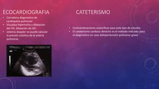 ECOCARDIOGRAFIA CATETERISMO
• Corrobora diagnostico de
cardiopatía pulmonar
• Visualiza hipertrofia y dilatación
del VD, dilatación de AD
• sistema doppler se puede calcular
la presión sistólica de la arteria
pulmonar.
• Contraindicaciones especificas para este tipo de estudio.
• El cateterismo cardiaco derecho es el método indicado para
el diagnostico en caso dehipertensión pulmonar grave
 
