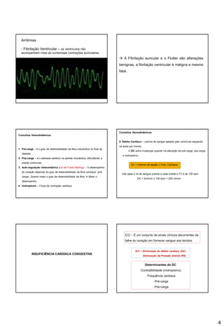 4
Arritimias
- Fibrilação Ventricular – os ventrículos não
acompanham mais as numerosas contrações auriculares.
 A Fibrilação auricular e o Flutter são alterações
benignas, a fibrilação ventricular é maligna e mesmo
fatal.
Conceitos Hemodinâmicos
1. Pré-carga – é o grau de distensibilidade da fibra miocárdica no final da
diástole.
2. Pós-carga – é o estresse sistólico na parede miocárdica, dificultando a
sístole ventricular.
3. Auto-regulação heterométrica (Lei de Frank-Starling) – “o desempenho
do coração depende do grau de distensibilidade da fibra cardíaca” (pré-
carga). Quanto maior o grau de distensibilidade da fibra  Maior o
desempenho.
4. Inotropismo – Força de contração cardíaca.
Conceitos Hemodinâmicos
5. Débito Cardíaco – volume de sangue ejetado pelo ventrículo esquerdo
na aorta por minuto.
O DC sofre mudanças quando há alteração da pré-carga, pós-carga
e inotropismo.
DC = Volume de ejeção x Freq. Cardíaca
Cão ejeta 2 ml de sangue p/aorta a cada sístole e FC é de 100 bpm
DC = 2ml/min x 100 bpm = 200 ml/min
INSUFICIÊNCIA CARDÍACA CONGESTIVA
ICC – É um conjunto de sinais clínicos decorrentes da
falha do coração em fornecer sangue aos tecidos.
ICC – Diminuição do débito cardíaco (DC)
Diminuição da Pressão arterial (PA)
Determinantes do DC
.Contratibilidade (inotropismo)
. Frequência cardíaca
. Pré-carga
. Pós-carga
 
