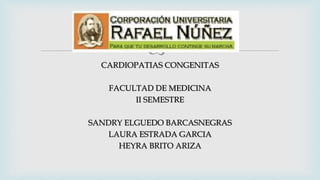 
CARDIOPATIAS CONGENITAS
FACULTAD DE MEDICINA
II SEMESTRE
SANDRY ELGUEDO BARCASNEGRAS
LAURA ESTRADA GARCIA
HEYRA BRITO ARIZA
 