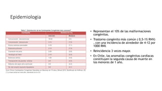 Epidemiologia
• Representan el 10% de las malformaciones
congénitas.
• Trastorno congénito más común ( 0,5-1% RNV)
, con una incidencia de alrededor de 4-12 por
1000 RNV.
• Reincidencia 3 veces mayor.
• En Chile, las anomalías congénitas cardíacas
constituyen la segunda causa de muerte en
los menores de 1 año.
 