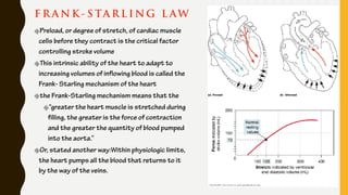 F R A N K - S TA R L I NG L AW
Preload, or degree of stretch, of cardiac muscle
cells before they contract is the critical factor
controlling stroke volume
This intrinsic ability of the heart to adapt to
increasing volumes of inflowing blood is called the
Frank- Starling mechanism of the heart
the Frank-Starling mechanism means that the
“greater the heart muscle is stretched during
filling, the greater is the force of contraction
and the greater the quantity of blood pumped
into the aorta.”
Or, stated another way:Within physiologic limits,
the heart pumps all the blood that returns to it
by the way of the veins.
 