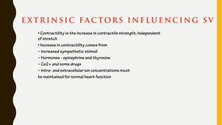 E XT R I N S IC FA C TORS I N F LU E NC I NG S V
• Contractility is the increase in contractile strength, independent
of stretch
• Increase in contractility comes from
– Increased sympathetic stimuli
– Hormones - epinephrine and thyroxine
– Ca2+ and some drugs
– Intra- and extracellular ion concentrations must
be maintained for normal heart function
 