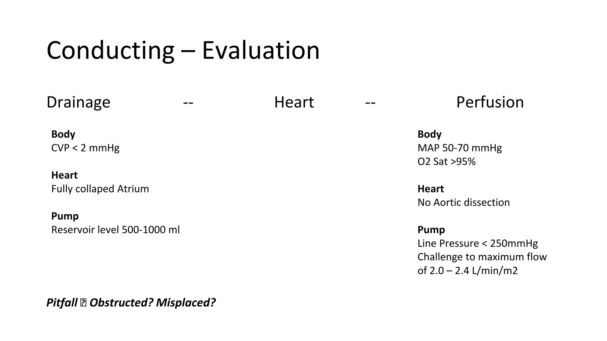 Drainage -- Heart -- Perfusion
Conducting – Evaluation
Pitfall 🡪 Obstructed? Misplaced?
Body
CVP < 2 mmHg
Heart
Fully collaped Atrium
Pump
Reservoir level 500-1000 ml
Body
MAP 50-70 mmHg
O2 Sat >95%
Heart
No Aortic dissection
Pump
Line Pressure < 250mmHg
Challenge to maximum flow
of 2.0 – 2.4 L/min/m2
 