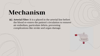 Mechanism
Arterial Filter: It is a placed in the arterial line before
the blood re-enters the patient's circulation to remove
air embolism, particulate debris, preventing
complications like stroke and organ damage.
05
 