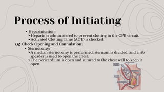 Heparin is administered to prevent clotting in the CPB circuit.
Activated Clotting Time (ACT) is checked.
02 Check Opening and Cannulation:
Sternotomy:
A median sternotomy is performed, sternum is divided, and a rib
speader is used to open the chest.
The pericardium is open and sutured to the chest wall to keep it
open.
Process of Initiating
Heparinisation:
 