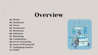 Overview
01
02
03
04
05
06
07
08
09
10
11
History
Intoduction
Components
Mechanism
Indications
Monitoring
Complications
Process of Initiating
Process of Wearing Off
Cardioplegia Solution
ECMO
12
Circuit
 