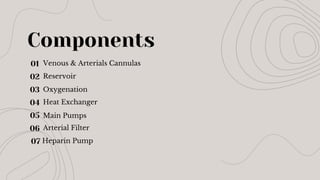 Components
Venous & Arterials Cannulas
Reservoir
Oxygenation
Heat Exchanger
Main Pumps
Arterial Filter
01
02
03
04
05
06
07 Heparin Pump
 