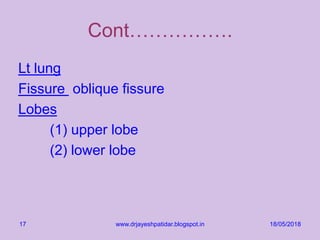 Cont…………….
Lt lung
Fissure oblique fissure
Lobes
(1) upper lobe
(2) lower lobe
18/05/2018www.drjayeshpatidar.blogspot.in17
 