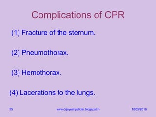 Complications of CPR
(1) Fracture of the sternum.
(2) Pneumothorax.
(3) Hemothorax.
(4) Lacerations to the lungs.
18/05/2018www.drjayeshpatidar.blogspot.in55
 