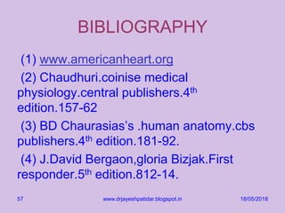 BIBLIOGRAPHY
(1) www.americanheart.org
(2) Chaudhuri.coinise medical
physiology.central publishers.4th
edition.157-62
(3) BD Chaurasias’s .human anatomy.cbs
publishers.4th edition.181-92.
(4) J.David Bergaon,gloria Bizjak.First
responder.5th edition.812-14.
18/05/2018www.drjayeshpatidar.blogspot.in57
 