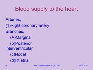 Blood supply to the heart
Arteries;
(1)Right coronary artery
Branches,
(A)Marginal
(b)Posterior
interventricular
(c)Nodal
(d)Rt atrial
18/05/2018www.drjayeshpatidar.blogspot.in6
 