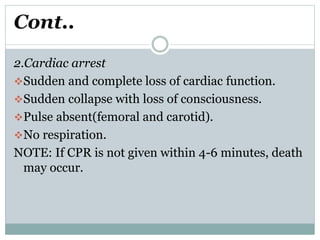 Cont..
2.Cardiac arrest
Sudden and complete loss of cardiac function.
Sudden collapse with loss of consciousness.
Pulse absent(femoral and carotid).
No respiration.
NOTE: If CPR is not given within 4-6 minutes, death
may occur.
 