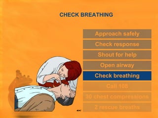 CHECK BREATHING


          Approach safely
          Check response
           Shout for help
           Open airway
          Check breathing
              Call 108
       30 chest compressions
         2 rescue breaths
 