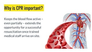 Why is CPR important?
Keeps the blood flow active –
even partially – extends the
opportunity for a successful
resuscitation once trained
medical staff arrive on site.
 