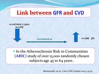10 ml/min/1.73m2 
 In the Atherosclerosis Risk in Communities 
(ARIC) study of over 15,000 randomly chosen 
subjects age 45 to 64 years . 
in GFR 
Correlated to cv risk 5% 
Manjunath, et al. J Am Coll Cardiol 2003; 41:47. 
 