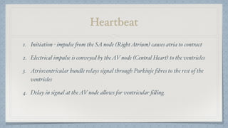 Heartbeat
1. Initiation - impulse from the SA node (RightAtrium) causes atria to contract
2. Electrical impulse is conveyed by theAV node (Central Heart) to the ventricles
3. Atrioventricular bundle relays signal through Purkinje ﬁbres to the rest of the
ventricles
4. Delay in signal at theAV node allows for ventricular ﬁlling.
 