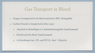 Gas Transport in Blood
1. Oxygen is transported in the blood attached to RBC Hemoglobin
2. Carbon Dioxide is transported in three ways:
1. Attached to Hemoblogin as Carbaminohemoglobin (small amount)
2. Dissolved in the blood (small amount)
3. As bicarbonate ions (H+ and HCO3- Ions) - Majority
 
