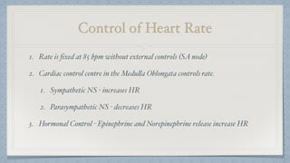 Control of Heart Rate
1. Rate is ﬁxed at 85 bpm without external controls (SA node)
2. Cardiac control centre in the Medulla Oblongata controls rate.
1. Sympathetic NS - increases HR
2. Parasympathetic NS - decreases HR
3. Hormonal Control - Epinephrine and Norepinephrine release increase HR
 