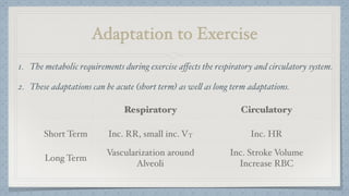 Adaptation to Exercise
1. The metabolic requirements during exercise aﬀects the respiratory and circulatory system.
2. These adaptations can be acute (short term) as well as long term adaptations.
Respiratory Circulatory
Short Term Inc. RR, small inc. VT Inc. HR
Long Term
Vascularization around
Alveoli
Inc. Stroke Volume
Increase RBC
 