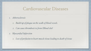 Cardiovascular Diseases
1. Atherosclerosis
1. Build-up of plaque on the walls of blood vessels.
2. Can cause thrombosis to form (Blood clot)
2. Myocardial Infarction
1. Loss of perfusion to heart muscle tissue leading to death of tissue
 