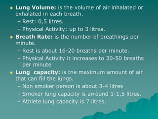  Lung Volume: is the volume of air inhalated or
exhalated in each breath.
– Rest: 0,5 litres.
– Physical Activity: up to 3 litres.
 Breath Rate: is the number of breathings per
minute.
– Rest is about 16-20 breaths per minute.
– Physical Activity it increases to 30-50 breaths
per minute
 Lung capacity: is the maximum amount of air
that can fill the lungs.
– Non smoker person is about 3-4 litres
– Smoker lung capacity is arround 1-1,5 litres.
– Athlete lung capacity is 7 litres.
 
