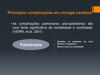 Principais complicações em cirurgia cardíaca
 As complicações pulmonares pós-operatórias são
uma fonte significativa de mortalidade e morbidade.
(VERRI, et al. 2001)

O
Fisioterapia

t

Identifica os pacientes em
Otimiza a terapêutica
Reduz a taxa de mortalidade

risco

 
