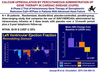 CALCIUM UPREGULATION BY PERCUTANEOUS ADMINISTRATION OF
GENE THERAPY IN CARDIAC DISEASE (CUPID)
A Phase 2 Trial of Intracoronary Gene Therapy of Sarcoplasmic
Reticulum Ca2+-ATPase in Patients With Advanced Heart Failure
N = 39 patients . Randomized, double-blind, placebo-controlled, parallel-group,
dose-ranging study that compares the use of AAV1/SERCA2a administered by
intracoronary infusion at 3 dose levels with placebo over a 12-month period
plus a 2-year telephonic follow-up.
Jessup M et al. Circulation. 2011;124:304-13.
NYHA III-IV 6 LVEF ≤ 35%
 