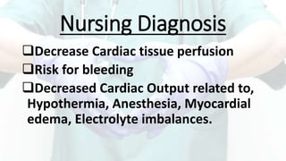 Nursing Diagnosis
Decrease Cardiac tissue perfusion
Risk for bleeding
Decreased Cardiac Output related to,
Hypothermia, Anesthesia, Myocardial
edema, Electrolyte imbalances.
 