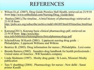 REFERENCES
 Wilson Et.al. (2007), Drug Guide Prentice Hall Health, retrieved on 21/9/18
from http://www.robholland.com/Nursing/Drug_Guide/data/
 Stanley(2001),The timeline , A brief history of pharmacology retrieved on
21/9/18 from
http://pubs.acs.org/subscribe/archive/mdd/v04/i05/html/05timeline.html#aut
h
 Katzung(2011), Katzung basic clinical pharmacology.pdf, retrieved on
21/9/18 from http://www.bio-
nica.info/biblioteca/katzungbasicclinicalpharmacology.pdf
 ScheindlAmy M Karch (2001) . Lippincott nursing drug guide :
Philadelphia ; Lippincott Williams and Wilkins
 Beatrice B. (2005). Drug information for nurses ; Philadelphia . Lexi-coms
 Brenda Barness (2002) . Saunders drug handbook for health professionals :
United states of America ; WB Saunders company
 Linda Skidmore (1997) . Mosby drug guide : St Louis, Missouri Mosby
publication
 Tara V shanbhag (2004) . Pharmacology for nurses : New delhi : Sanat
printer Kundli
 